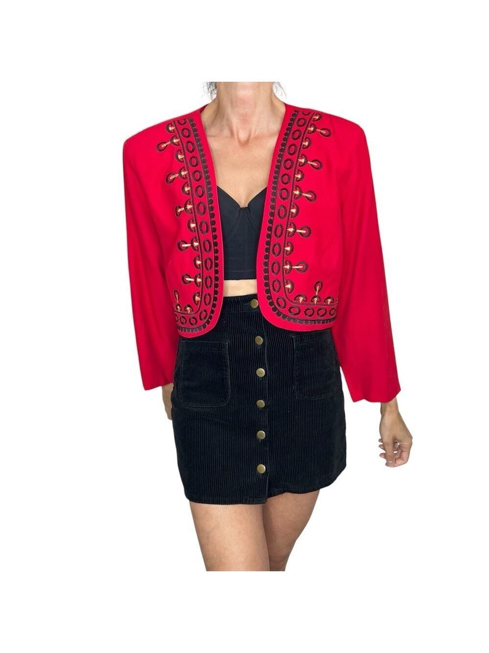 Vintage 80s Canadian made red black embroidered open cropped jacket blazer 14 - Picture 3 of 14